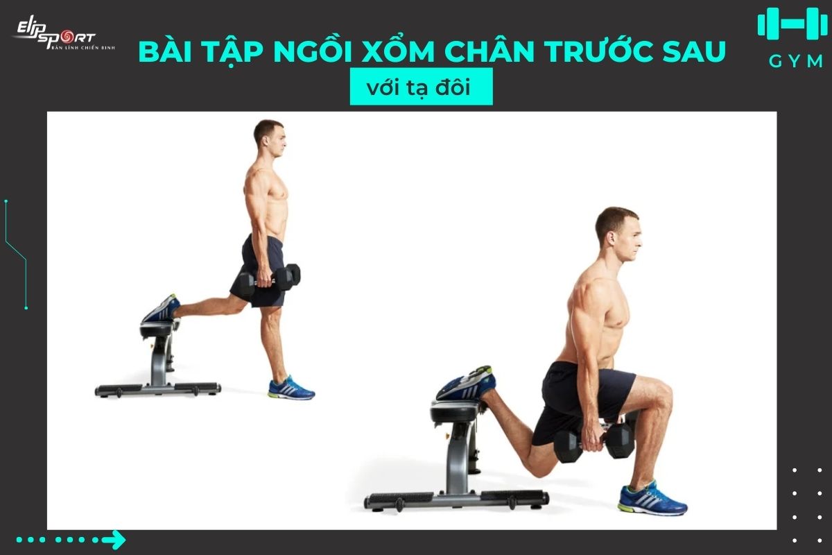 Ngồi xổm ch&acirc;n trước sau với tạ đ&ocirc;i