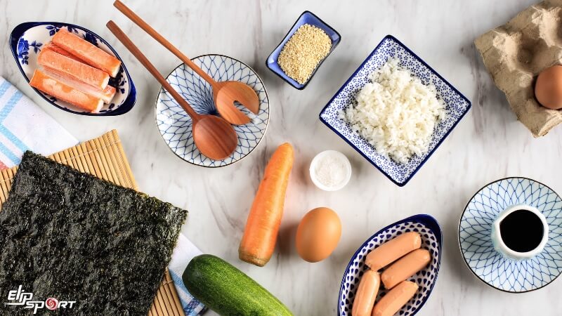 Nguy&ecirc;n liệu cần chuẩn bị để l&agrave;m kimbap